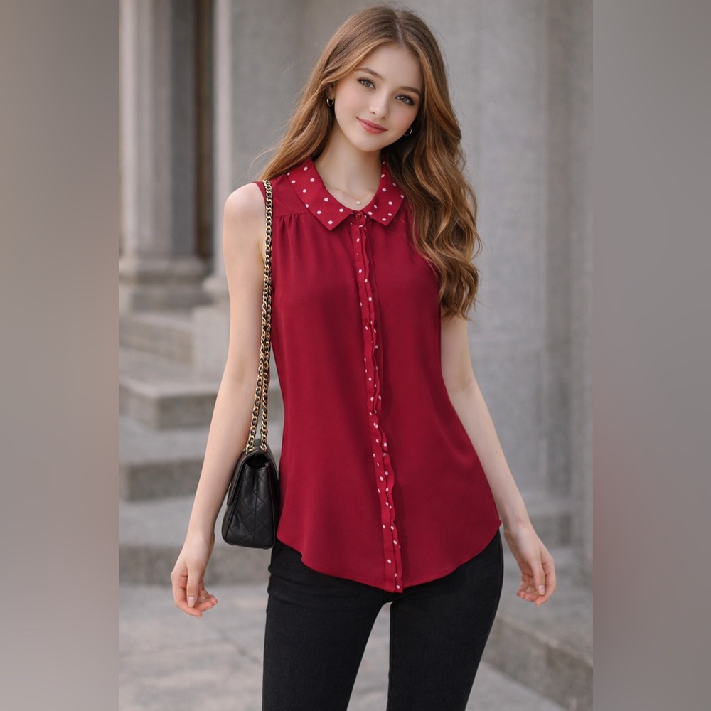 Elle Sleeveless Burgundy Polka Dot Blouse